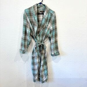 Tommy Bahama Plaid Robe Womens L/XL Blue Brown Cotton Cozy Loungewear